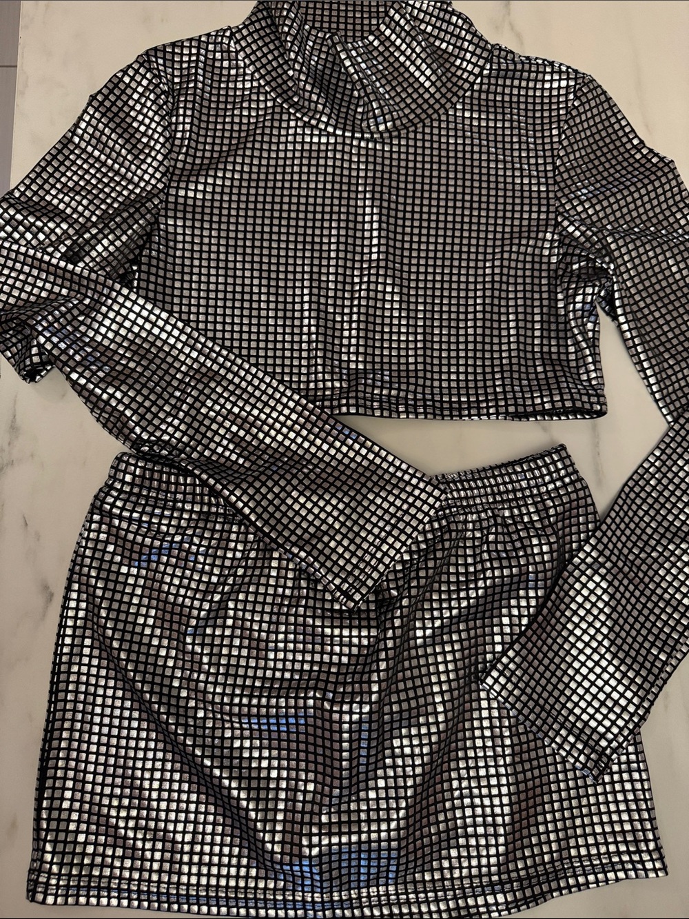 Silver Mirrored Grid Crop Top & Skirt Set